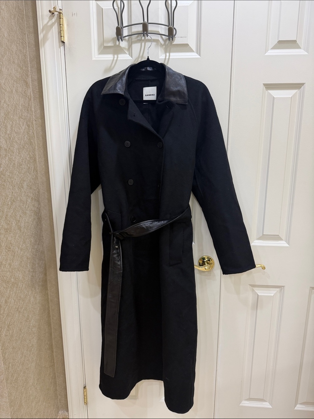 Sandro Black Double-Breasted Trench Coat with Leather Trim